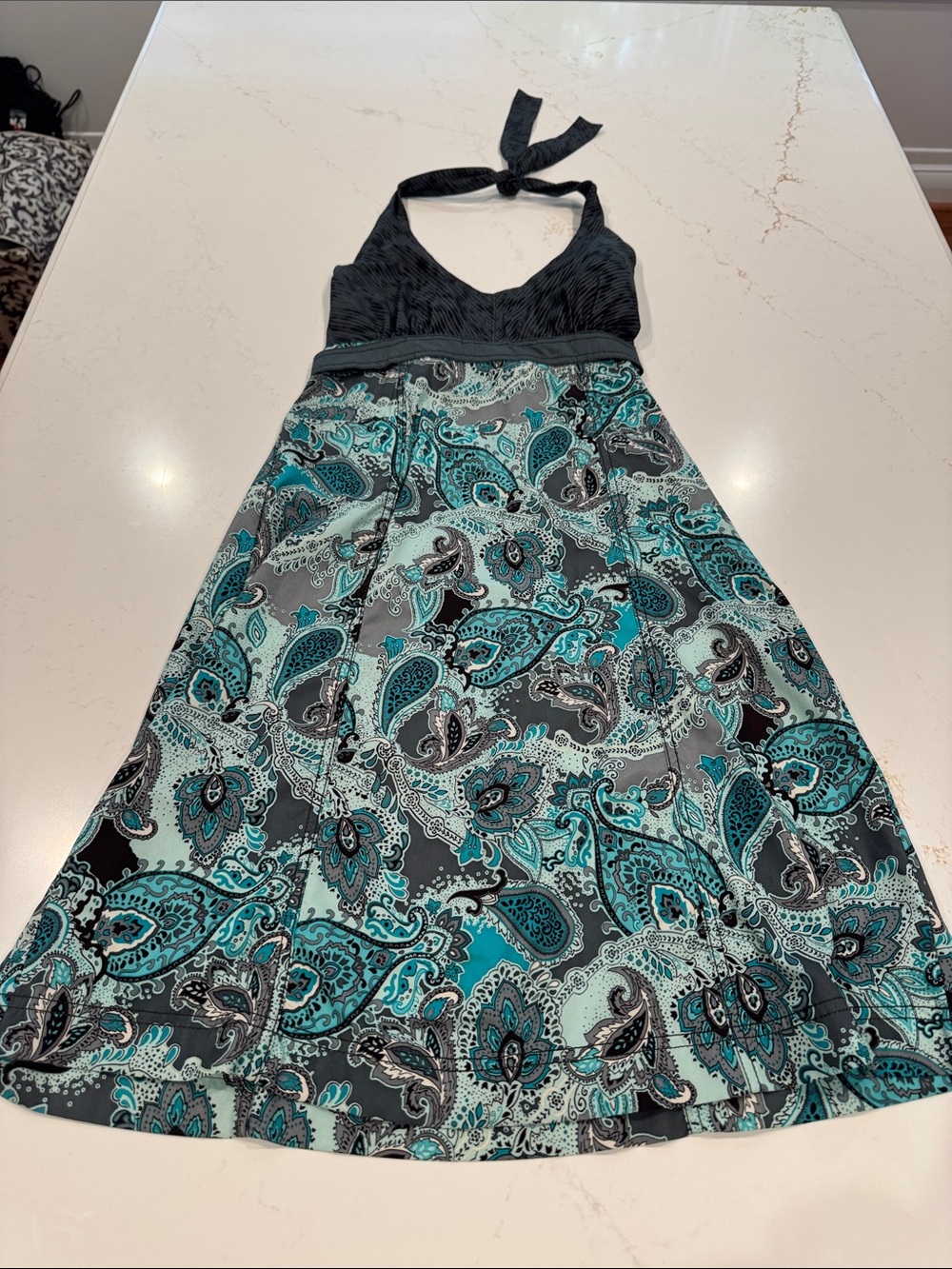 Athleta Black and Teal Paisley Halter Dress